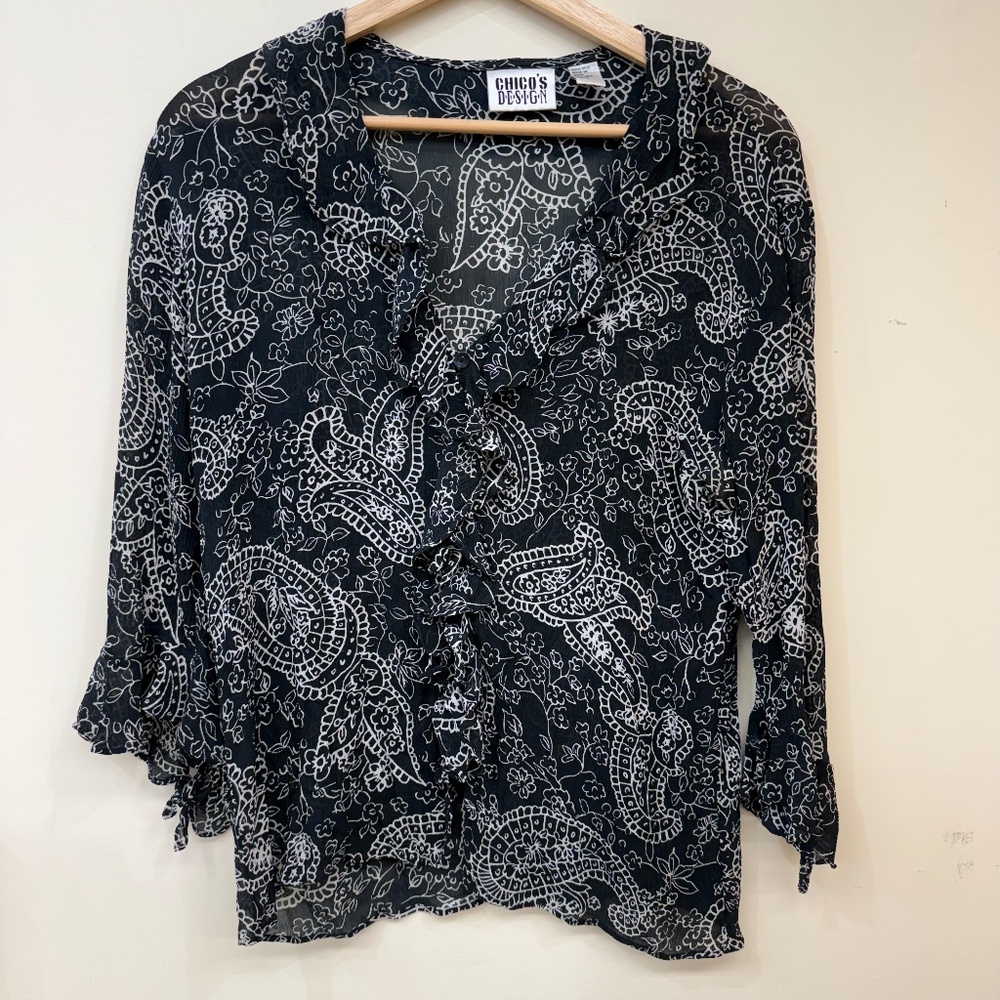 Vintage Chico's Design Silk Black and White Paisley Blouse Size 0